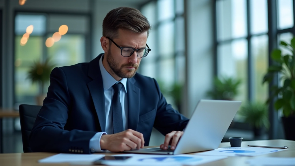 Finance professional reviewing revenue projections on computer screen with confidence
